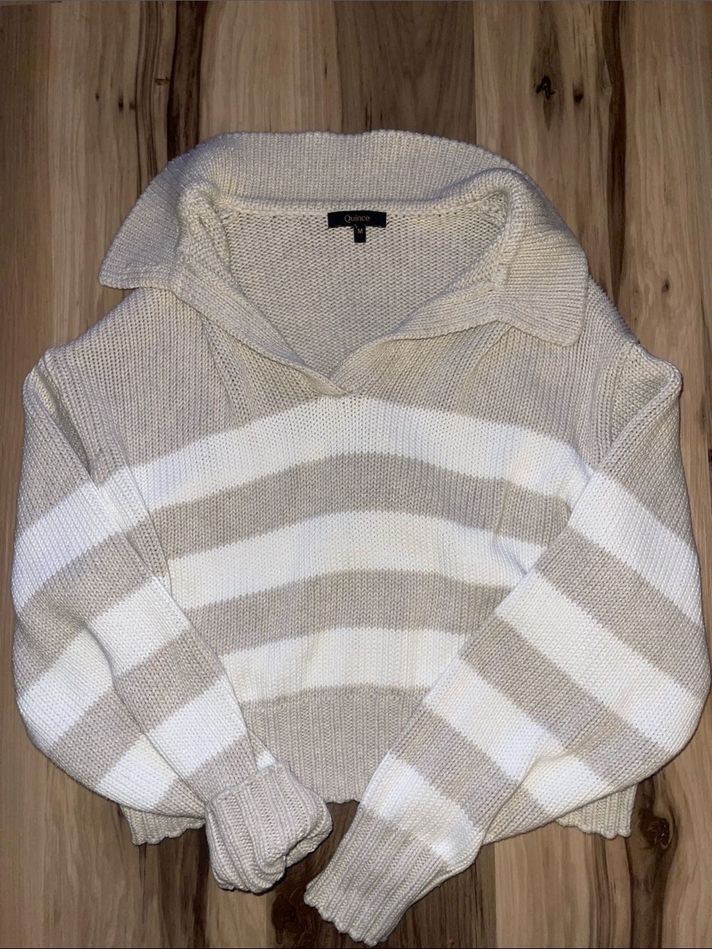 Quince Cream & White Striped V‑Neck Collared Sweater